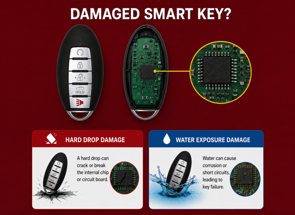 Infographic of a damaged smart key: front fob, exploded internal circuit, and two panels warning about hard drop and water exposure damage.