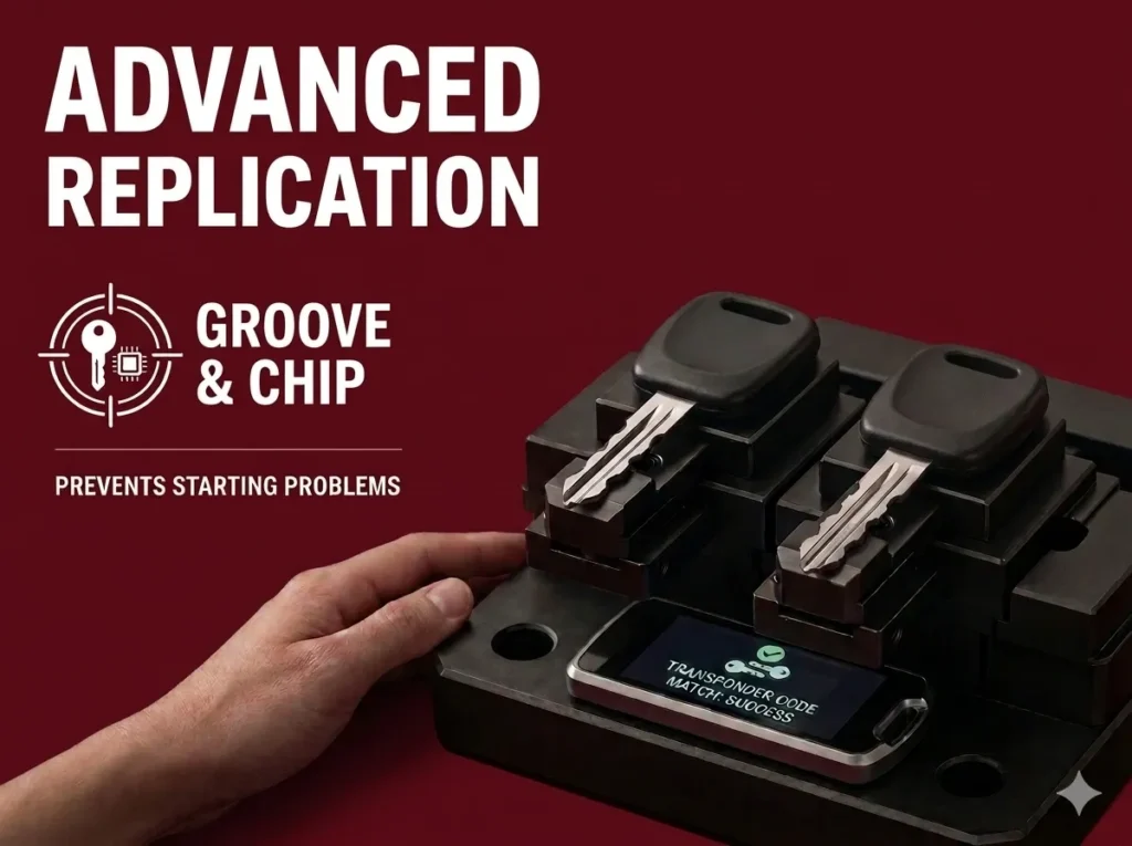 Advertisement for Advanced Replication: Groove & Chip—'Prevents Starting Problems' with a hand holding a car key programming device; screen reads 'Transponder code match: success' next to two key modules.