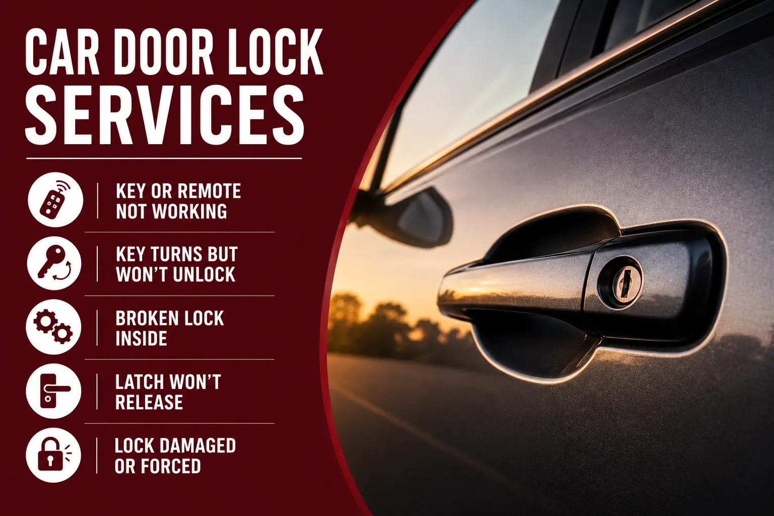 Advertisement for car door lock services listing common issues beside a car door handle.