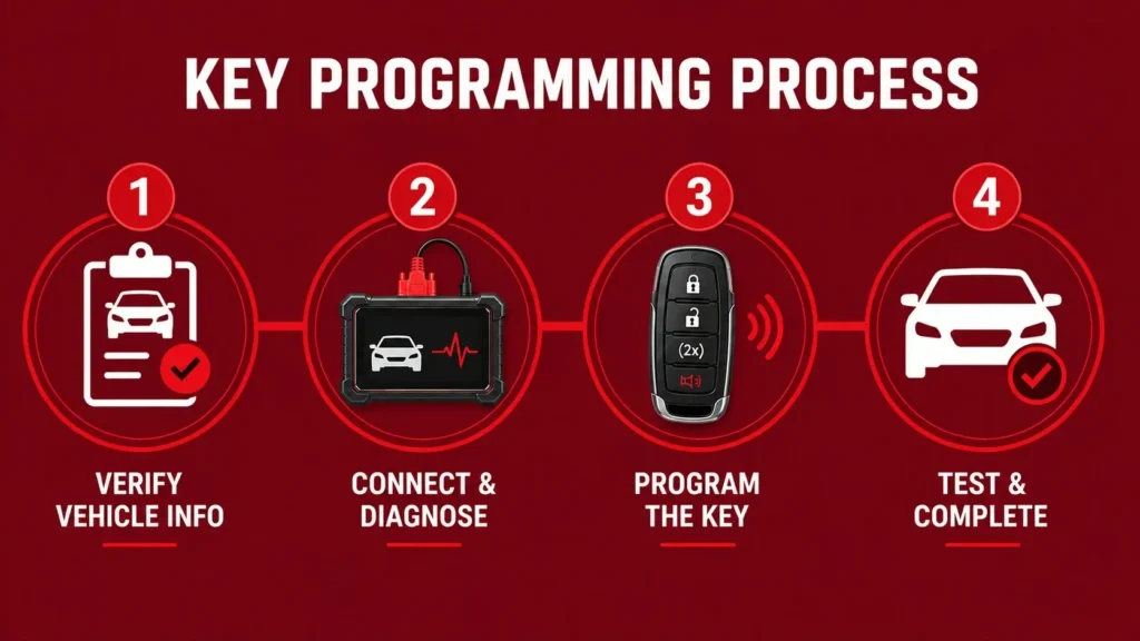 Key programming process: 4-step infographic showing verify vehicle info, connect & diagnose, program the key, then test & complete on a red background