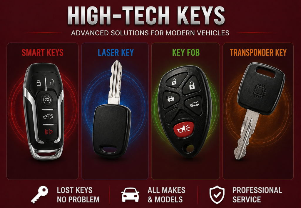 Infographic titled High-Tech Keys showing four key types: Smart Keys, Laser Key, Key Fob, and Transponder Key with supporting service icons beneath (Lost keys, all makes/models, professional service).