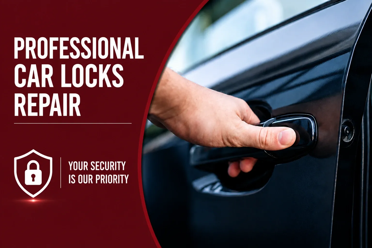 Banner for professional car locks repair with a hand on a car door handle and a security shield icon on a burgundy panel
