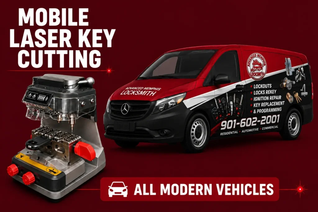 Red locksmith ad: large text 'MOBILE LASER KEY CUTTING' with a high-tech key-cutting machine on the left and a red van advertising lock services on the right; bottom banner reads 'ALL MODERN VEHICLES'.