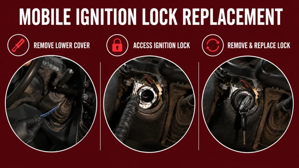 Infographic: Mobile ignition lock replacement in three steps: remove lower cover, access ignition lock, and replace the lock with a new one.