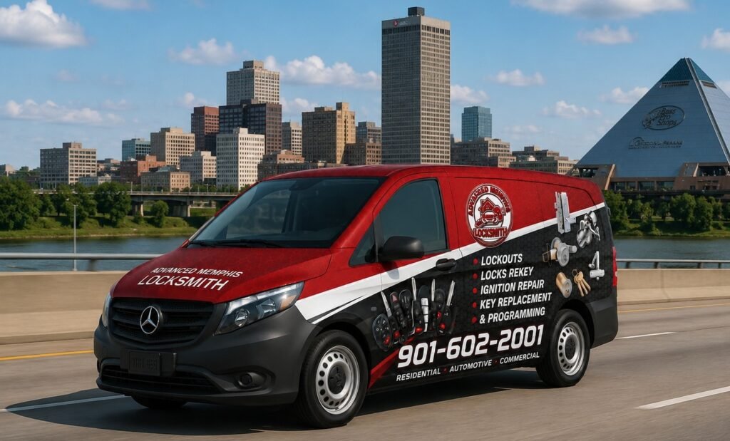 Advertising locksmith van on a highway: 'Advanced Memphis Locksmith', services listed, phone 901-602-2001