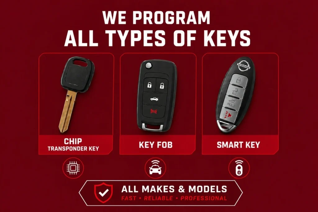 Three car keys shown: chip transponder key, a key fob, and a smart key on red panels with 'All Makes & Models' banner below.