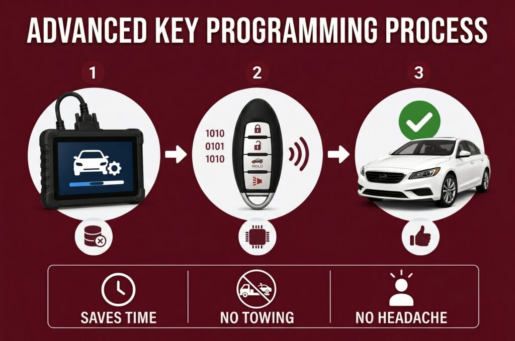 Infographic showing the advanced key programming process: 1) diagnostic device, 2) programmed car key, 3) approved white car with a checkmark indicating success/approval of the process
