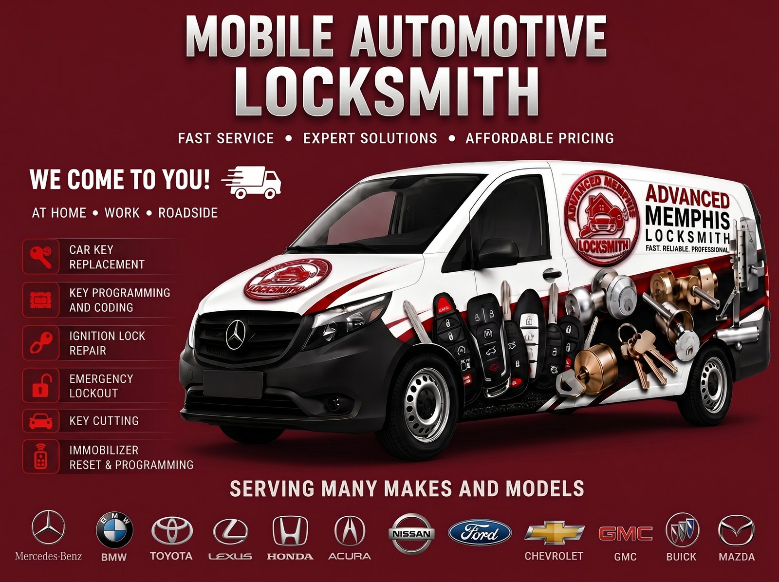 Advertisement for Mobile Automotive Locksmith with a white service van, large 'LOCKSMITH' text, and tool graphics on a red background (We Come To You).